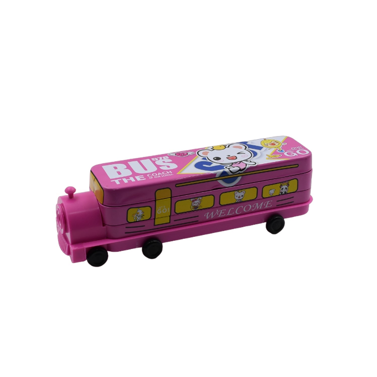 Bus-shaped pencil box with wheels, sharpener included. Bus-shaped pencil box with wheels, sharpener included.
